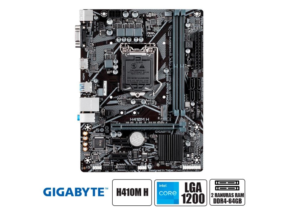 PLACA MADRE GIGABYTE H410M H, PARA PROCESADORES INTEL LGA 1200, 2 RANURAS DE MEMORIA DDR4 64GB BUSS 2933 MHZ, 10MA GENERACION (H410M H)