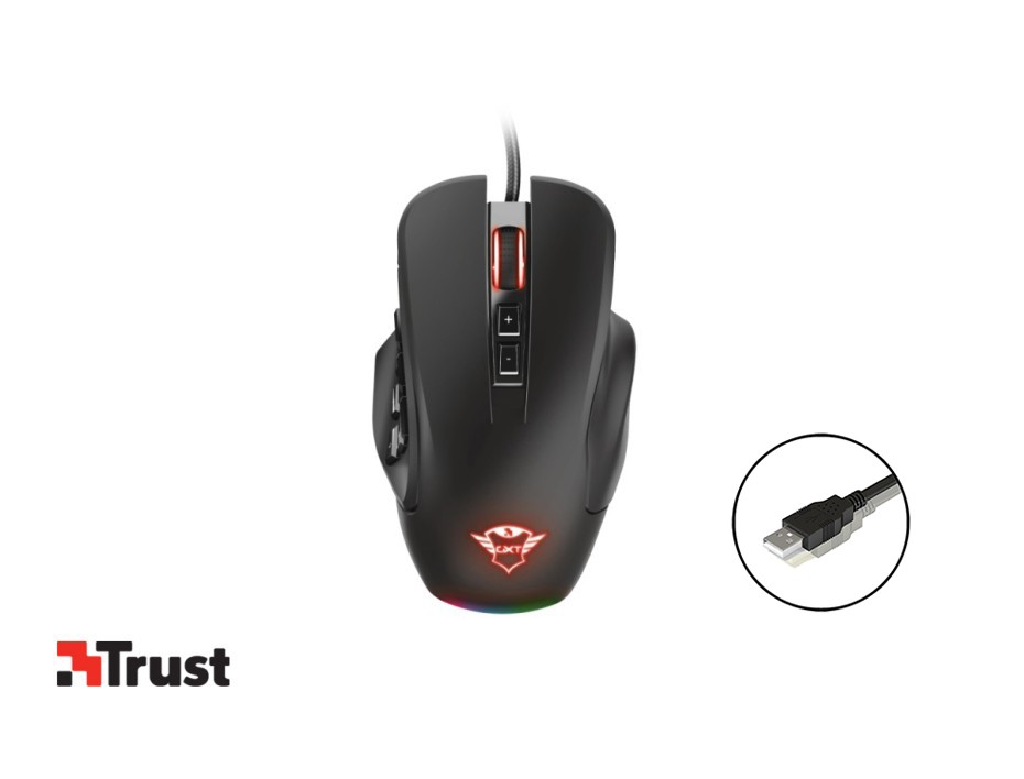 MOUSE TRUST GXT 970 MORFIX GAMING, SENSOR HASTA 10,000 DPI, IILUMINACION RGB, CON 14 BOTONES PROGRAMABLES, CONEXION USB, COLOR NEGRO (8713439237641)