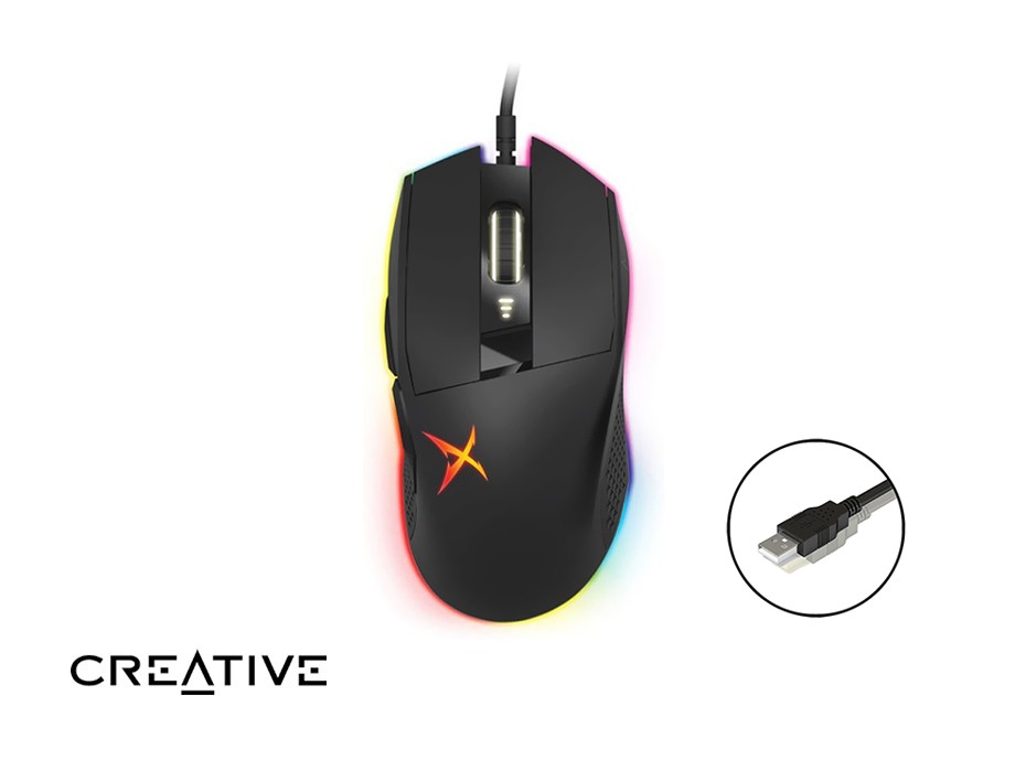 MOUSE CREATIVE SOUND BLASTERX SIEGE M04 GAMING, SENSOR HASTA 12.000 DPI, ILUMINACION RGB, CON 7 BOTONES PROGRAMABLES, CONEXION USB,NEGRO(70GP007000000
