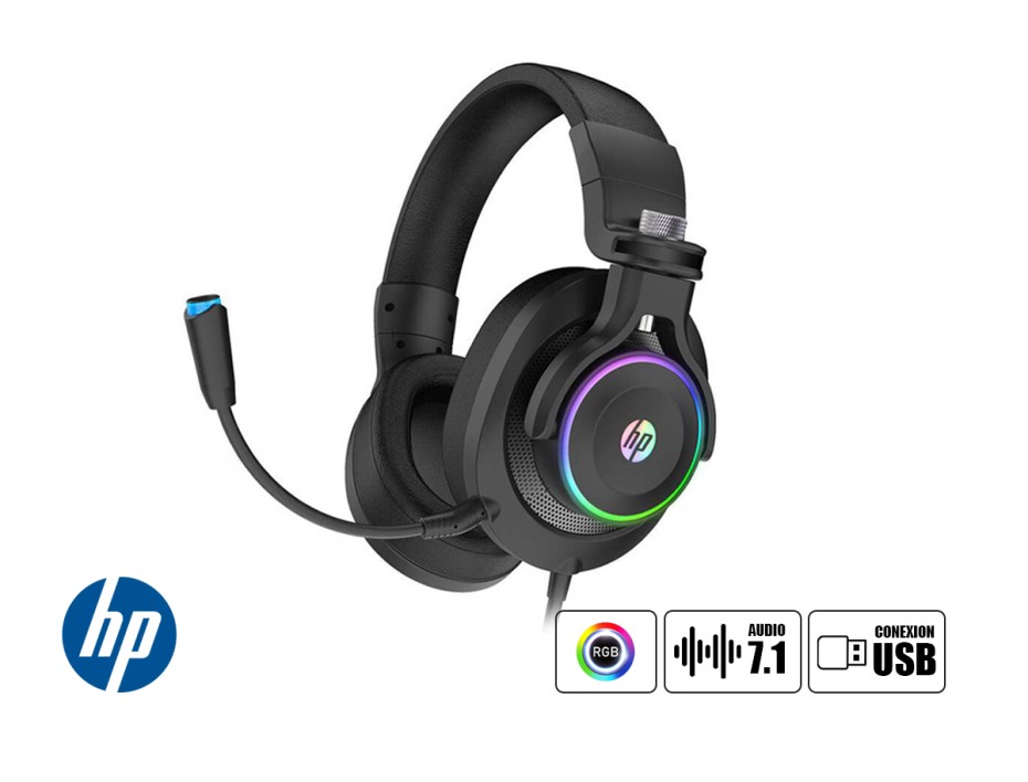 AURICULAR HP H500GS GAMING 7.1, CON MICROFONO, CONEXION USB, CONTROL DE VOLUMEN, LUZ LED RGB, ALMOHADILLAS SUAVES, COLOR NEGRO (9AJ66AA#AC4)
