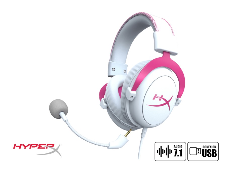 AURICULAR HYPERX CLOUD II 7.1, CON MICROFONO, CONEXION USB, CONTROL DE VOLUMEN, ALMOHADILLAS SUAVES, COLOR BLANCO C/ ROSADO (HHSC12-AC-PK/G)