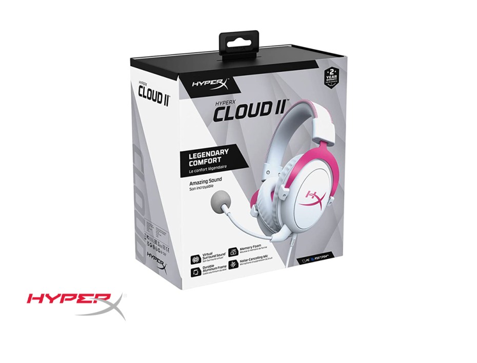 AURICULAR HYPERX CLOUD II 7.1, CON MICROFONO, CONEXION USB, CONTROL DE VOLUMEN, ALMOHADILLAS SUAVES, COLOR BLANCO C/ ROSADO (HHSC12-AC-PK/G)