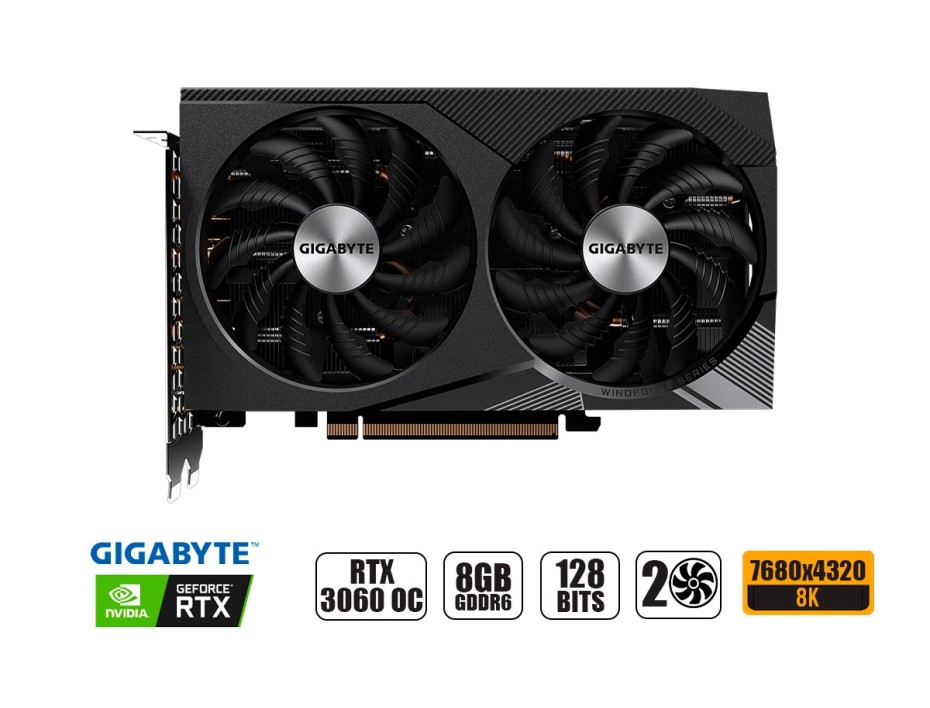 TARJETA DE VIDEO GIGABYTE RTX 3060 8GB GAMING GDDR6 GEFORCE NVIDIA 128 BITS, OC, GRAFICO PARA VIDEO JUEGOS, 2 FAN (GV-N3060GAMING OC-8GD)