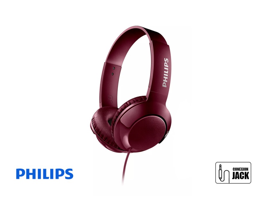 AURICULAR PHILIPS BASS+, CON MICROFONO, CONEXION A CABLE, CONTROL DE VOLUMEN, ALMOHADILLAS SUAVE, COLOR GINDA (SHL3075RD/00)