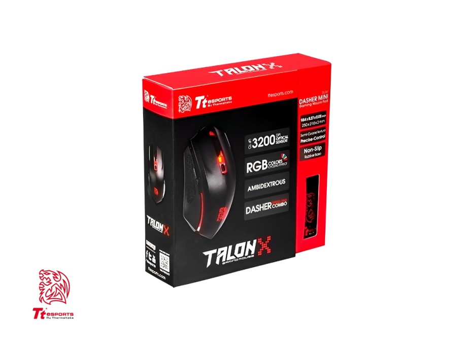 KIT 2 EN UNO - PAD MOUSE+ MOUSE THERMALTAKE TALON GAMING CON ILUMINACION LED RGB, 3200 DPI, CONEXION USB (MO-CPC-WDOOBK-01)