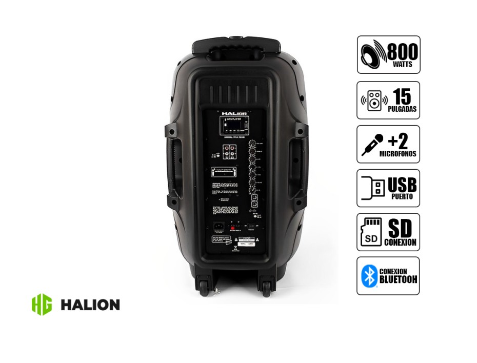 PARLANTE HALION ACTIVO, BOCINAS 15 PULGADAS + 2 MICROFONOS, PUERTO USB, SD, FM, BLUETOOTH, CONTROL REMOTO, 800W (PHA-15MB)
