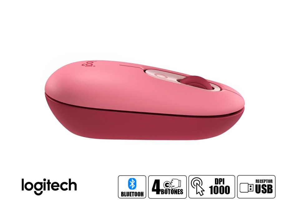 Mouse Inalambrico Logitech Bluetooth Pop, Hasta 1000 Dpi, Con Receptor Usb, DiseÑo Ergonomico, 4 Botones, Coral Rose (910-006545)