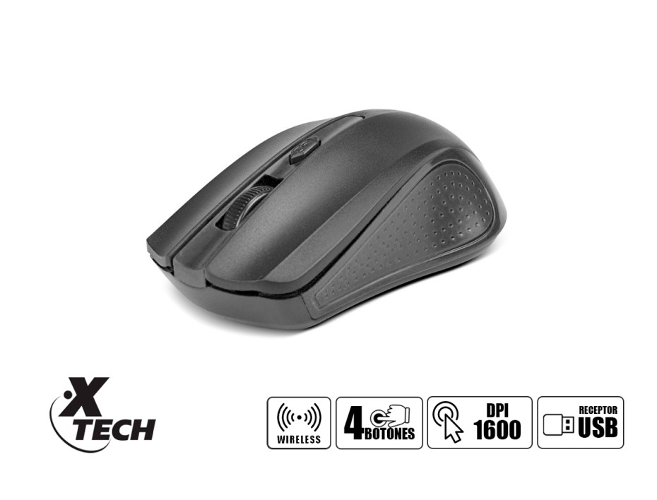 MOUSE INALAMBRICO XTECH XTM310 GALOS, HASTA 1600 DPI, CON RECEPTOR USB, DISEÑO ERGONOMICO, 4 BOTONES, NEGRO (XTM-310BK)