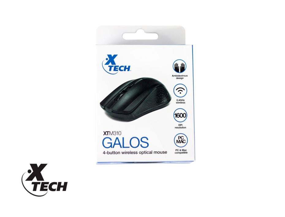 MOUSE INALAMBRICO XTECH XTM310 GALOS, HASTA 1600 DPI, CON RECEPTOR USB, DISEÑO ERGONOMICO, 4 BOTONES, NEGRO (XTM-310BK)