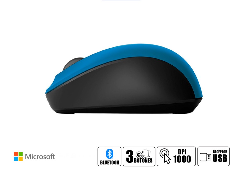 MOUSE INALAMBRICO MICROSOFT 3600, HASTA 1000 DPI, CON RECEPTOR US, DISEÑO ERGONOMICO, 3 BOTONES, ZUL C/ NEGRO (PN7-00021)