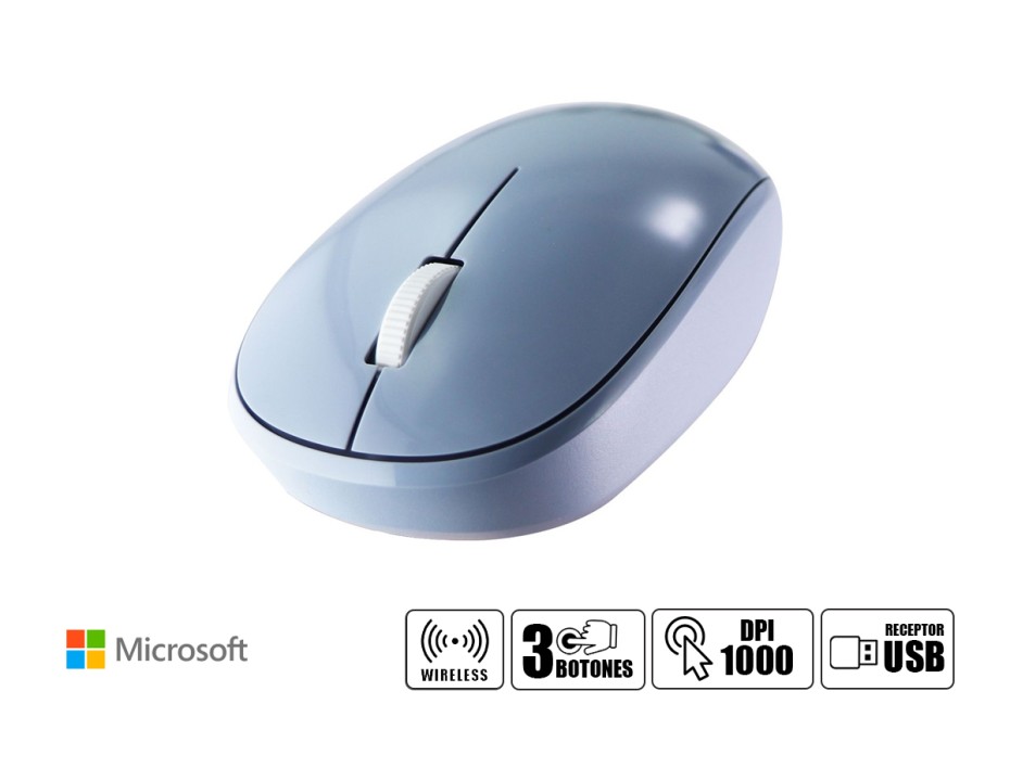MOUSE INALAMBRICO MICROSOFT SOURIS, HASTA 1000 DPI, CON RECEPTOR USB, DISEÑO ERGONOMICO, 3 BOTONES, AZUL PASTEL (RJN-00013)