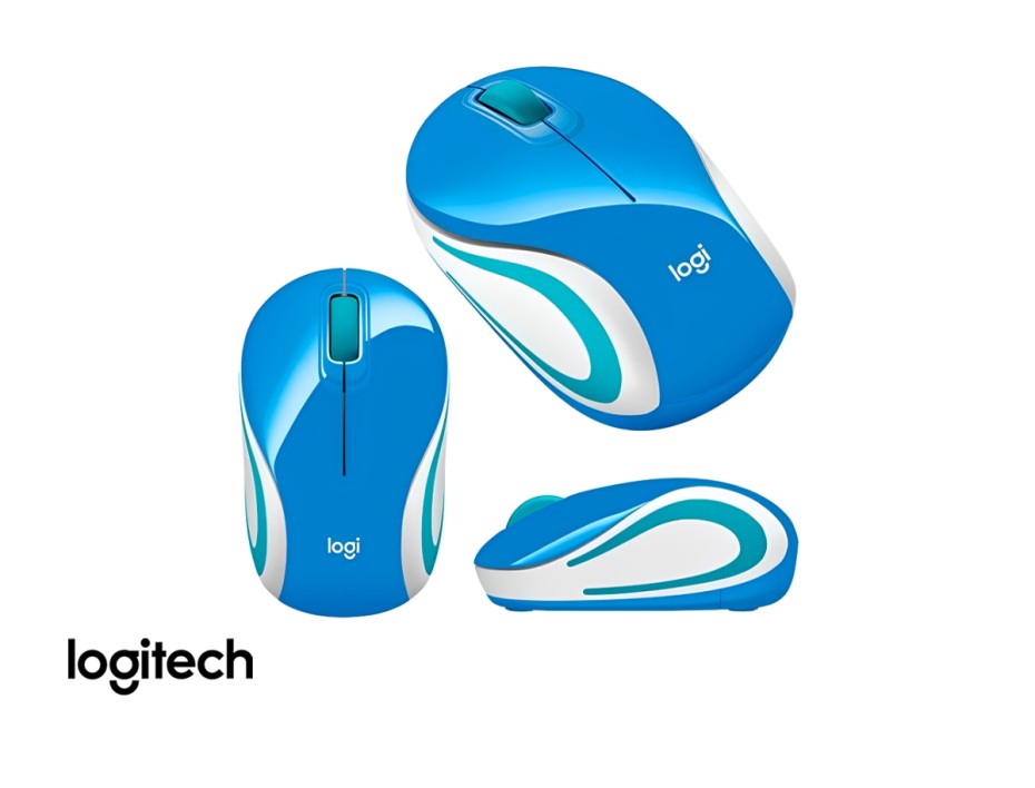 MOUSE INALAMBRICO LOGITECH M187, HASTA 1000 DPI, CON RECEPTOR USB, DISEÑO ERGONOMICO, 3 BOTONES, AZUL C/ BLANCO+CELESTE (910-005360)