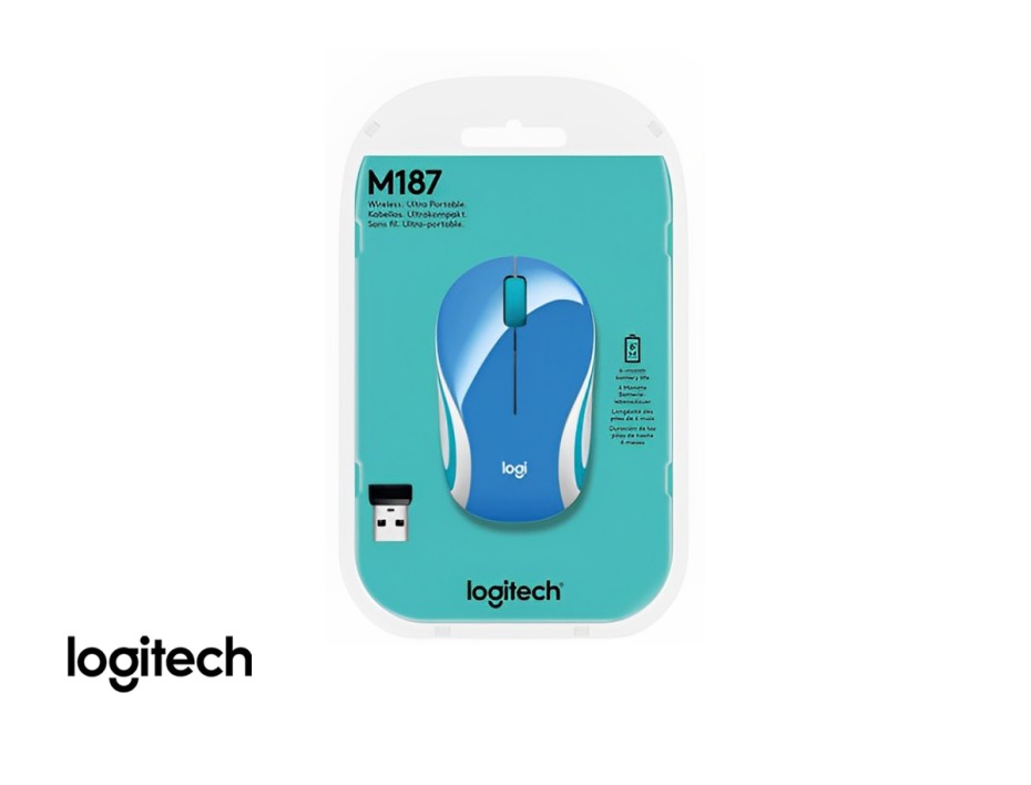 MOUSE INALAMBRICO LOGITECH M187, HASTA 1000 DPI, CON RECEPTOR USB, DISEÑO ERGONOMICO, 3 BOTONES, AZUL C/ BLANCO+CELESTE (910-005360)