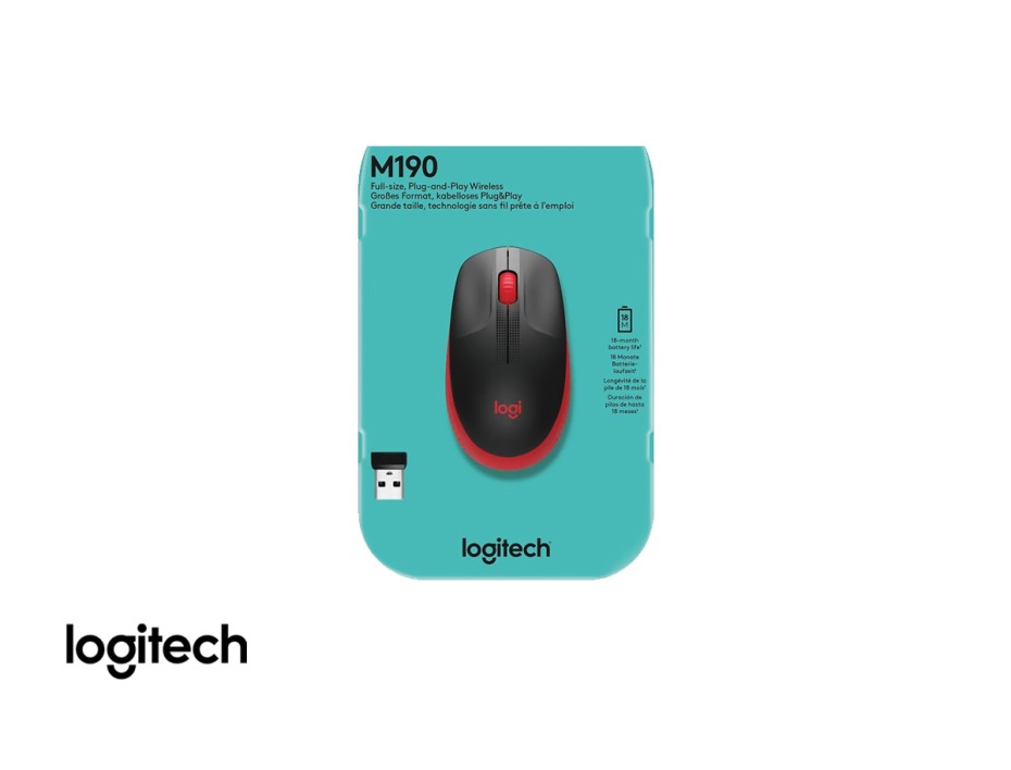 Mouse Inalambrico Logitech M190, Hasta 1000 Dpi, Con Receptor Usb, DiseÑo Ergonomico, 3 Botones, Negro C/ Rojo (910-005904)