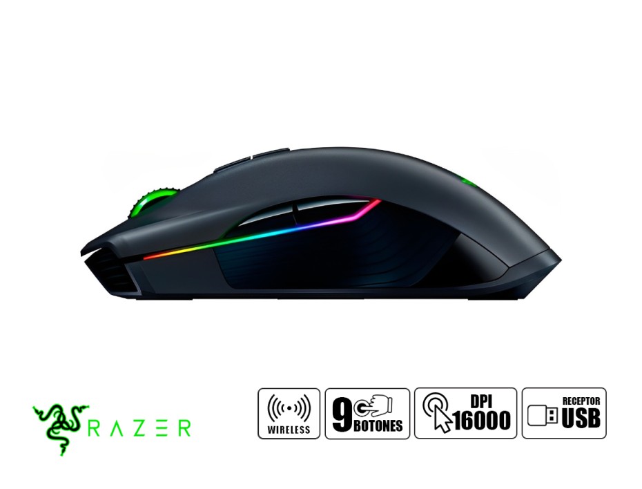 MOUSE INALAMBRICO RAZER LANCEHEAD CHROMA GAMING, HASTA 16000 DPI, CON RECEPTOR USB, DISEÑO ERGONOMICO, 9 BOTONES, NEGRO (RZ01-02120100-R3U1)