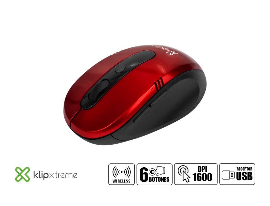 MOUSE INALAMBRICO KLIP VECTOR, HASTA 1600 DPI, CON RECEPTOR USB, DISEÑO ERGONOMICO, 6 BOTONES, ROJO (KMW-330RD)