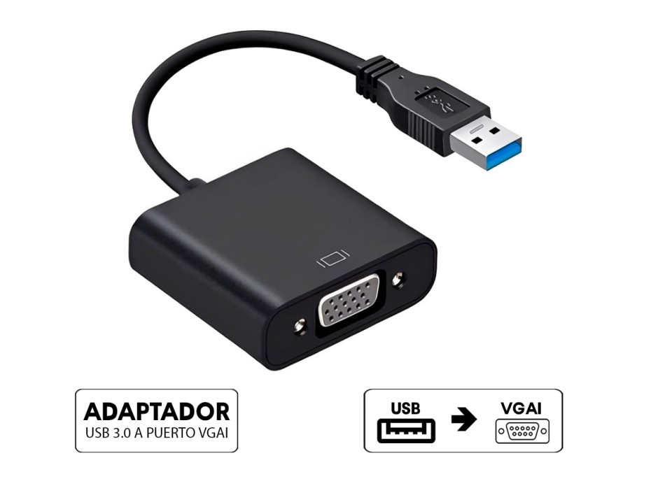 ADAPTADOR DE PUERTO USB 3.0 MACHO -- A -- PUERTO VGA HEMBRA, CON CABLE DE 25 CM, COLOR NEGRO (USB 3.0 - A - VGA)