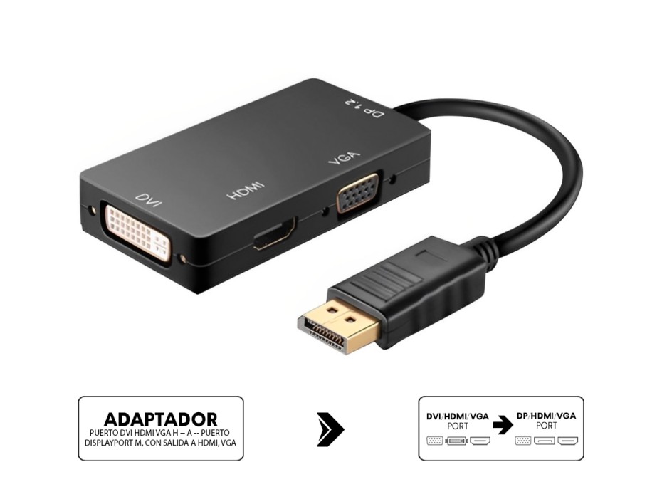 ADAPTADOR DE PUERTO DVI HDMI VGA HEMBRA -- A -- PUERTO DISPLAYPORT MACHO, CON SALIDA A HDMI, VGA, 25 CM, COLOR NEGRO ( DP - A - VGA/DVI/HD)