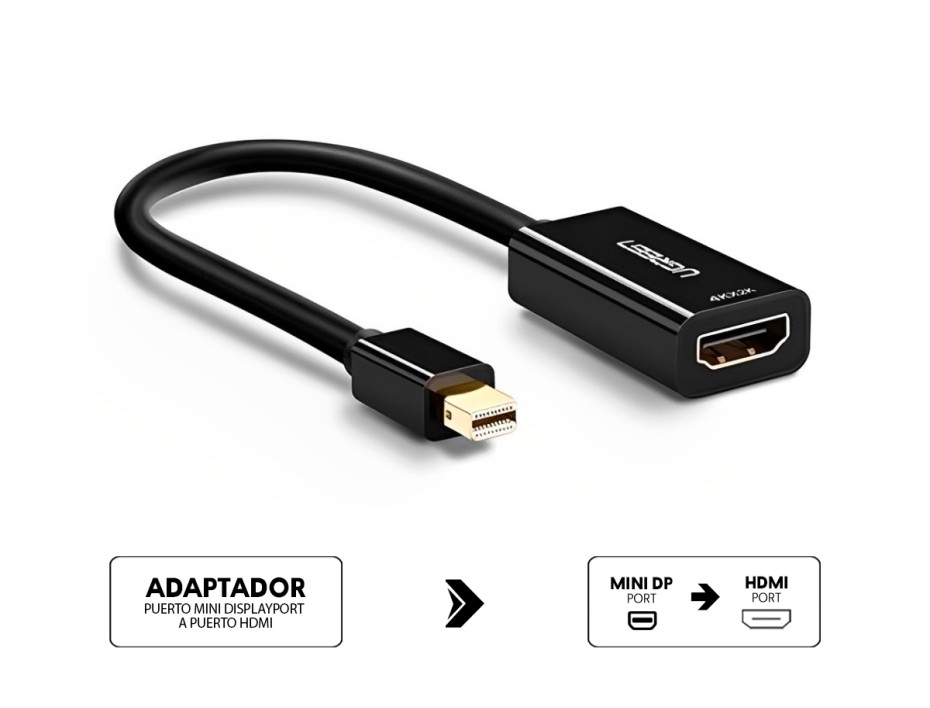 ADAPTADOR DE PUERTO MINI DISPLAYPORT MACHO -- A -- PUERTO HDMI HEMBRA, UGREEN, CABLE DE 25 CM, COLOR NEGRO (40360)