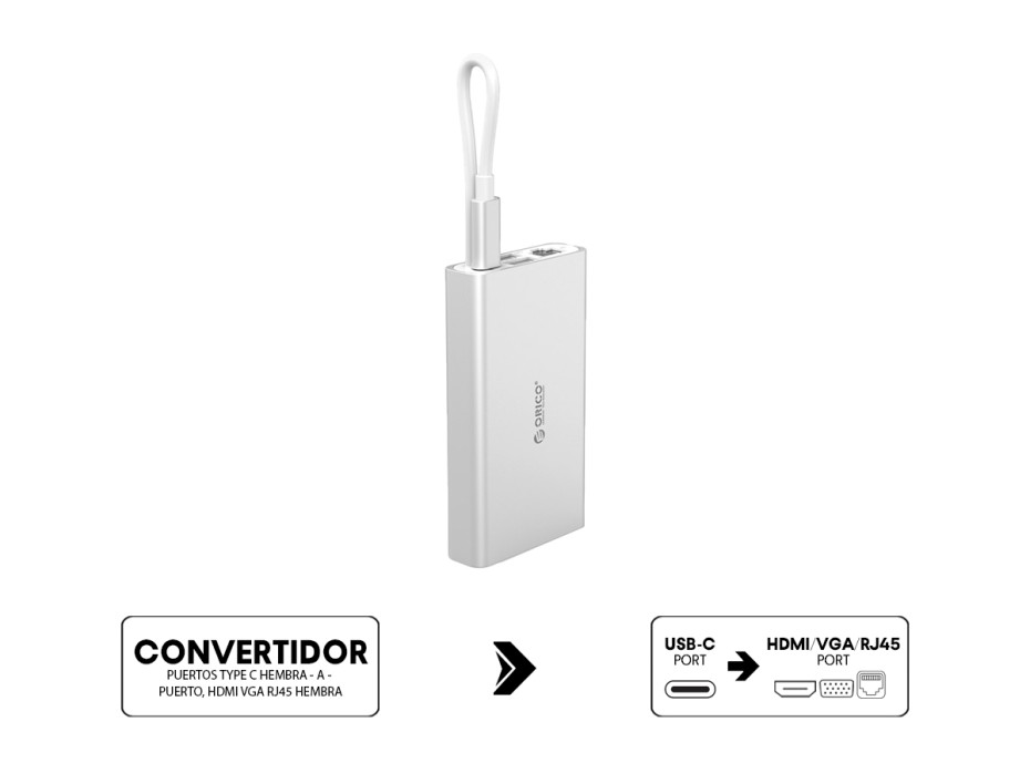Docking Station Orico De Puertos Type C Hembra -a- Puerto, Hdmi Vga Rj45 Hembra, Multi - Funcion, Color Metal (ads2-sv)