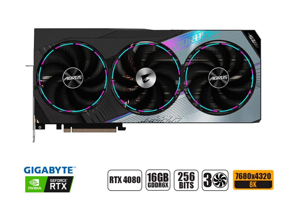 TARJETA DE VIDEO GIGABYTE RTX 4080 16GB MASTER GDDR6X GEFORCE NVIDIA 256 BITS, GRAFICO PARA VIDEOJUEGOS, 3 VENTILADORES (GV-N4080AORUS M-16GD)