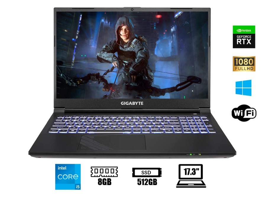 LAPTOP GIGABYTE CORE I5 12500H, G7 GE PANTALLA 17.3 FHD IPS, RAM 8GB  DDR4 SOLIDO 512GB, VIDEO 3050 4GB NVIDIA, W FREE (G7GE-51LA263SD)