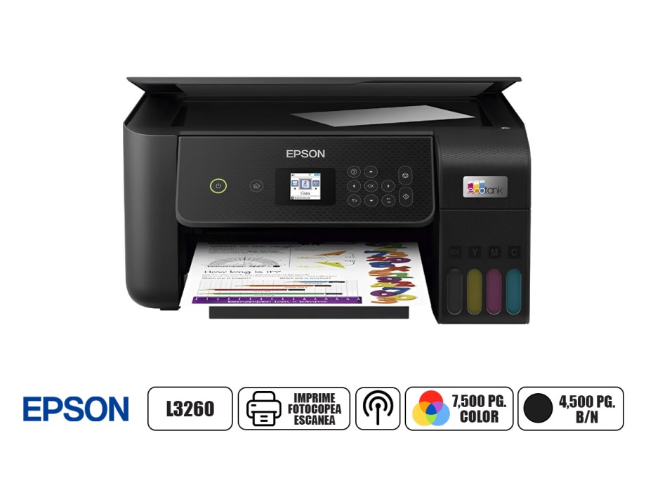 IMPRESORA EPSON MULTIFUNCIONAL ECOTANK L3260, C/ TANQUE IMPRIME ESCANEA FOTOCOPIA INALAMBRICO (L3260)