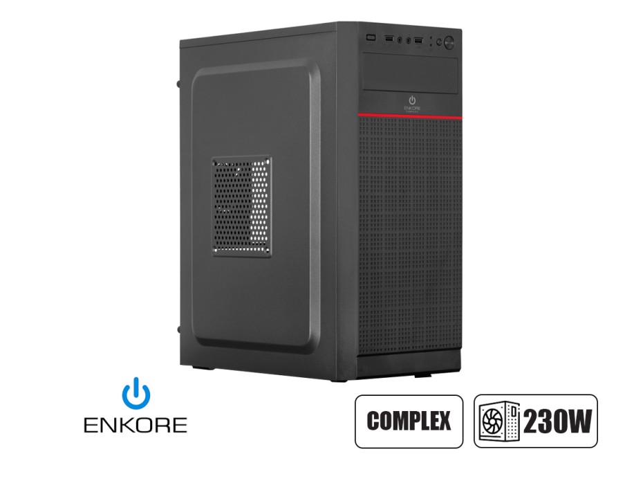 CASE ENKORE COMPLEX CON FUENTE 230W, CON PANEL DE METAL, 2 PUERTOS USB, COLOR NEGRO (ENC 2002)