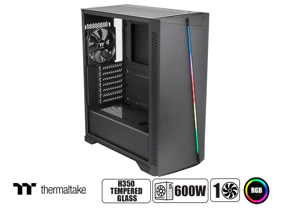 CASE THERMALTAKE H350 TEMPERED GLASS FUENTE 600W, CON PANEL LATERAL DE VIDRIO TEMPLADO, 1 VENTILADOR LED  RGB, 3 PUERTOAS USB, NEGRO (CA-3R9-60M1WU-00