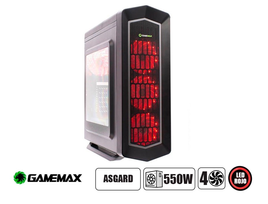 CASE GAMEMAX ASGARD FUENTE 550W, CON PANEL LATERAL ACRILICO, 4 VENTILADORES LED RGB ROJO, 3 PUERTOS USB, SALIDA DE AUDIO, COLOR NEGRO (ASGARD RED)