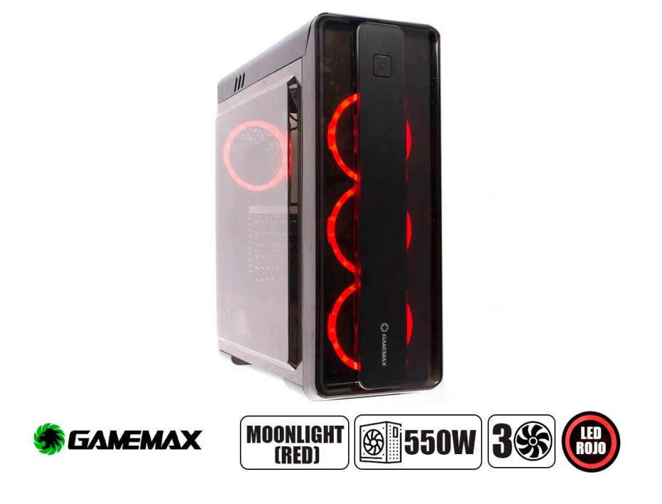 CASE GAMEMAX FUENTE 550W, CON PANEL LATERAL ACRILICO, 3 VENTILADORES LED RED, SALIDA DE AUDIO, 2 PUERTOS USB, COLOR NEGRO (MOONLIGHT GE550)