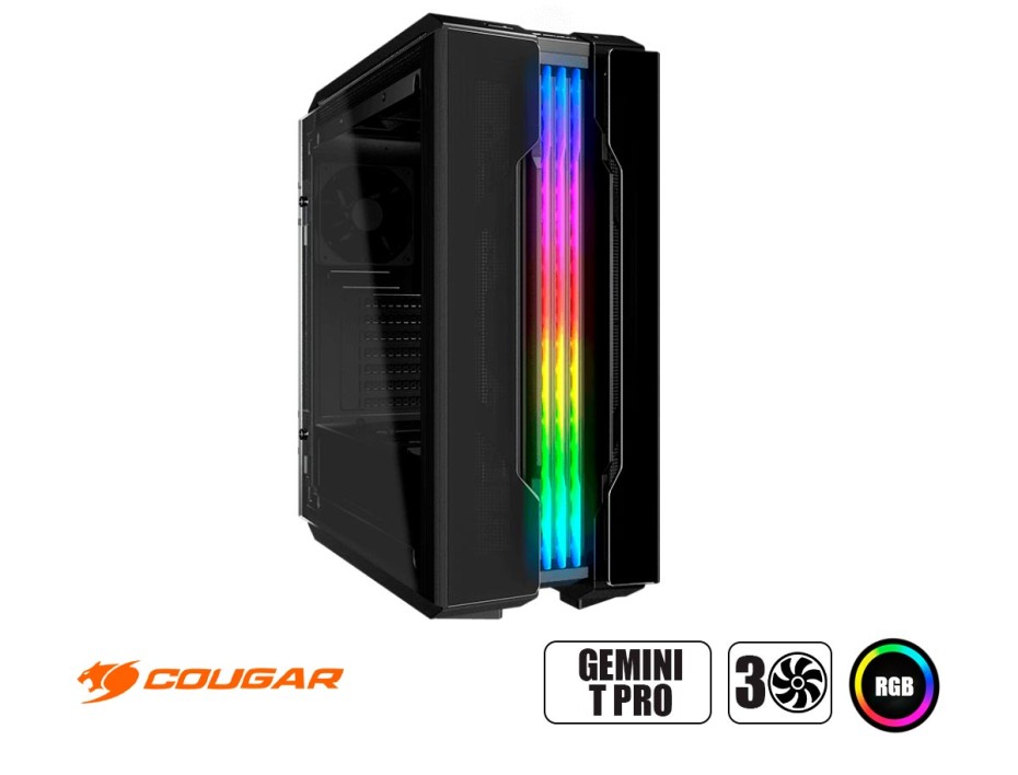 CASE COUGAR GEMINI T PRO GAMING SIN FUENTE, CON PANEL LATERAL DE VIDRIO TEMPLADO, 3 VENTILADORES LED RGB, 2 PUERTOS USB, COLOR NEGRO (106KMT0008-00)