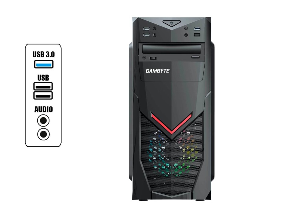 Case Gambyte Glauco Fuente 600w, Con Panel Lateral De Acrilico Rainbow, 1 Ventilador  Rainbow, 3 Puertos Usb, Salida De Audio, Negro (gi-glauco)