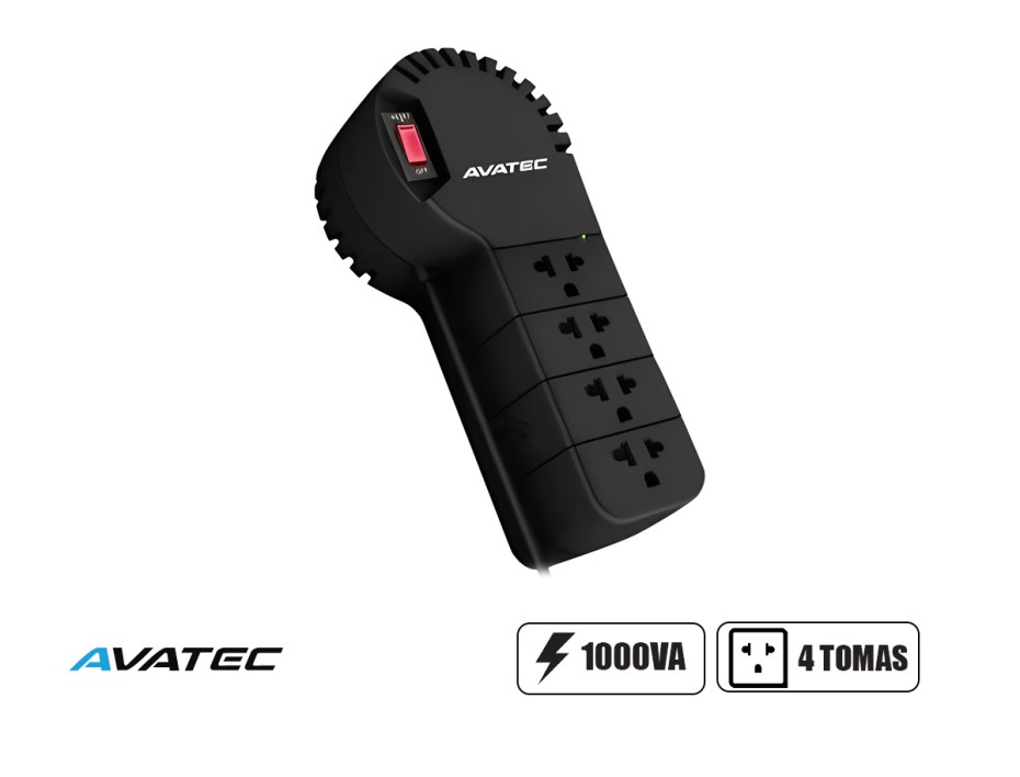 ESTABILIZADOR AVATEC 1000VA 4 TOMAS, FRECUENCIA 50HZ  60HZ, PROTECCIÓN CONTRA SOBRETENSIONES 175JOULES, DIMENSIONES: 222X75X100MM, BLACK (AVA-108)
