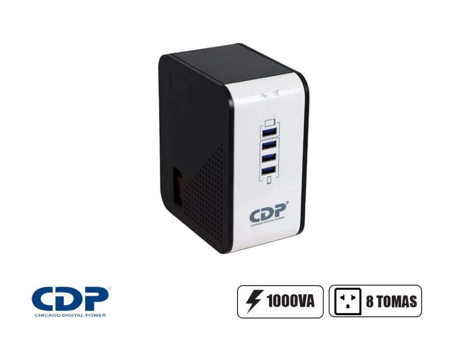 Estabilizador Cdp 1000va 8 Tomas Con 4 Puertos Usb, ProtecciÓn Coaxial, Indicador Led, Color Negro Con Blanco (r2cu Avr 1008i)