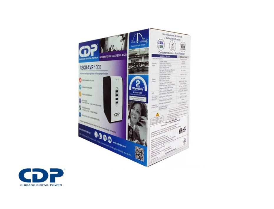 Estabilizador Cdp 1000va 8 Tomas Con 4 Puertos Usb, ProtecciÓn Coaxial, Indicador Led, Color Negro Con Blanco (r2cu Avr 1008i)