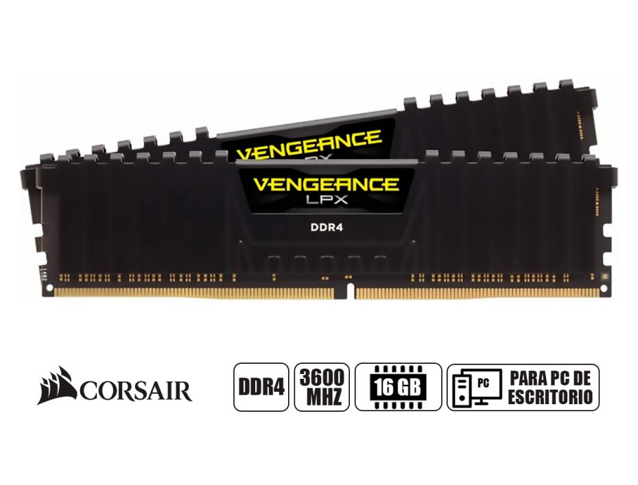MEMORIA RAM CORSAIR DDR4 16GB (2X8GB), FRECUENCIA 3600 MHZ, VENGEANCE LPX NEGRO, PARA PC DE ESCRITORIO (CMK16GX4M2D3600C18)