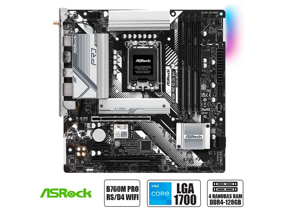 PLACA MADRE ASROCK B760M PRO RS/D4 WIFI - PARA PROCESADORES INTEL LGA 1700, MEMORIA DDR4 (90-MXBKZ0-A0UAYZ)