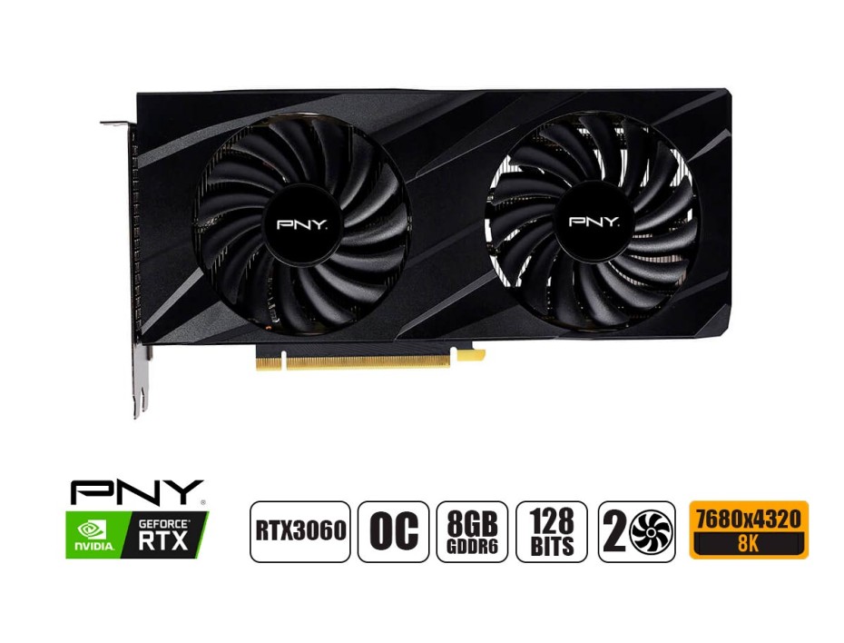 TARJETA DE VIDEO PNY RTX 3060 8GB, VERTO, GDDR6 GEFORCE NVIDIA 128 BITS, GRAFICO PARA VIDEO JUEGOS, 2 FAN (VCG30608DFBPB1)