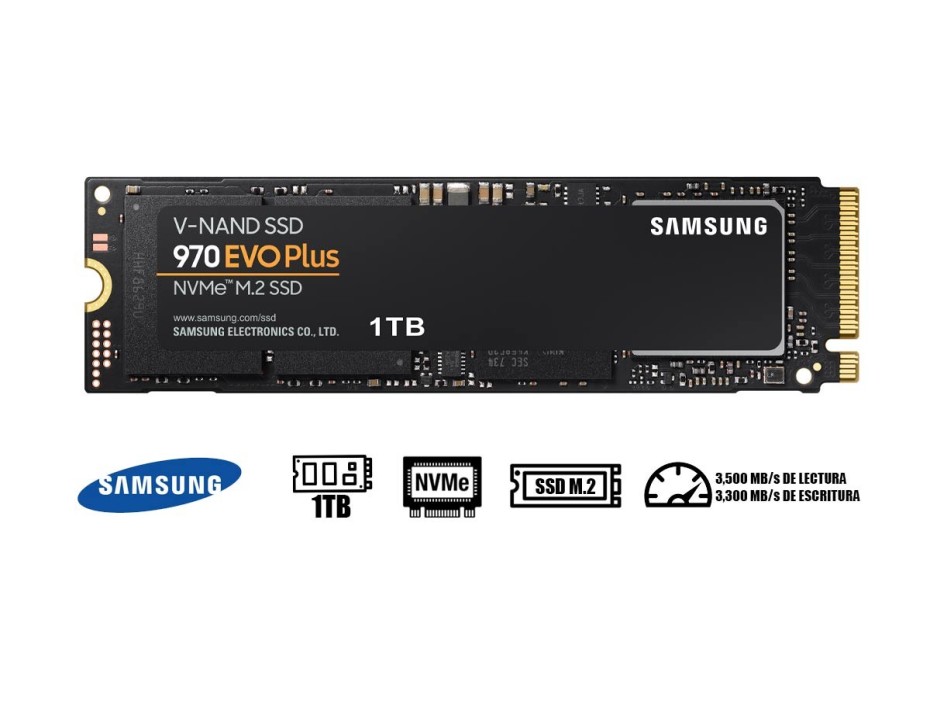 DISCO SOLIDO SSD M.2 PCIE SAMSUNG 1TB 2280 970 EVO PLUS, NVME, UNIDAD INTERNA DE ESTADO SOLIDO, PARA PC, LAPTOP, LECTURA 3500MB/S (MZ-V7S1T0B/AM)