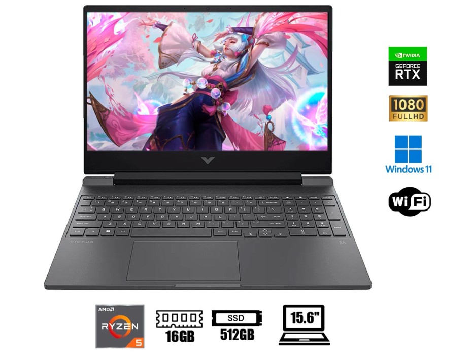 LAPTOP HP RYZEN 5 5600H VICTUS15 FB0028NR, PANTALLA 15.6 FHD, RAM 16GB, DISCO SSD 512GB, VIDEO 3050 4GB NVIDIA, WINDOWS 11 (15-FB0104LA)