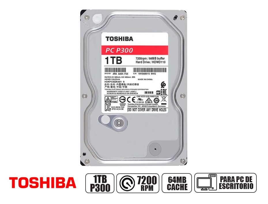 DISCO DURO TOSHIBA 1TB P300, CACHE DE 64MB, VELOCIDAD DE ROTACION 7200 RPM, FORMATO DE 3.5", SATA 3, PARA PC DE ESCRITORIO (HDWD110UZSVA)