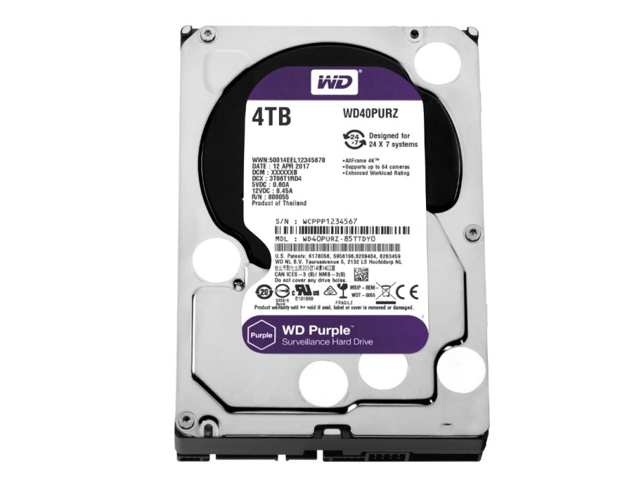 DISCO DURO WESTER DIGITAL 4TB PURPURA DE VIDEO VIGILANCIA, CACHE DE 256MB, VELOCIDAD DE ROTACION 5400 RPM, FORMATO DE 3.5, SATA 6, 64CAMARAS(WD42PURZ)