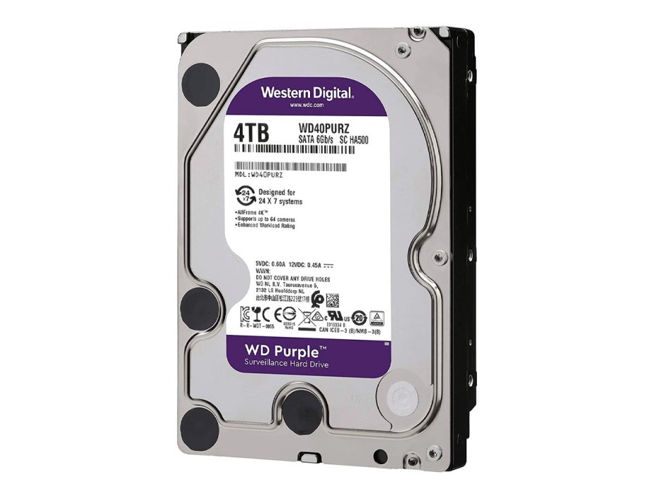 DISCO DURO WESTER DIGITAL 4TB PURPURA DE VIDEO VIGILANCIA, CACHE DE 256MB, VELOCIDAD DE ROTACION 5400 RPM, FORMATO DE 3.5, SATA 6, 64CAMARAS(WD42PURZ)
