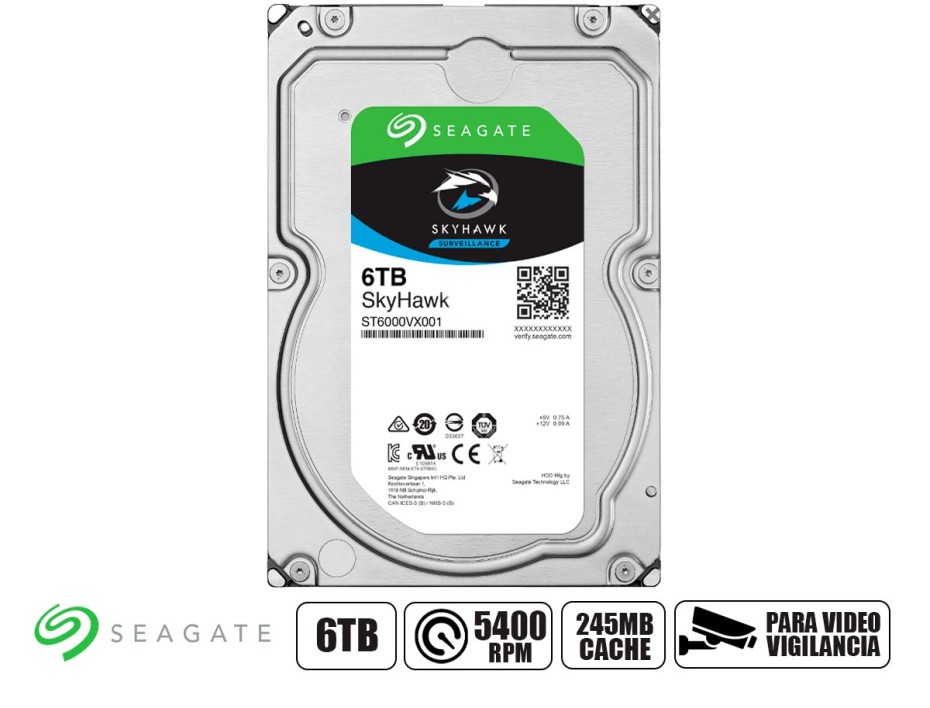 DISCO DURO SEAGATE 6TB SKYHAWK VIGILANCIA, CACHE 245MB, VELOCIDAD DE ROTACION 5400 RPM, FORMATO DE 3.5", SATA 6 (ST6000VX001)