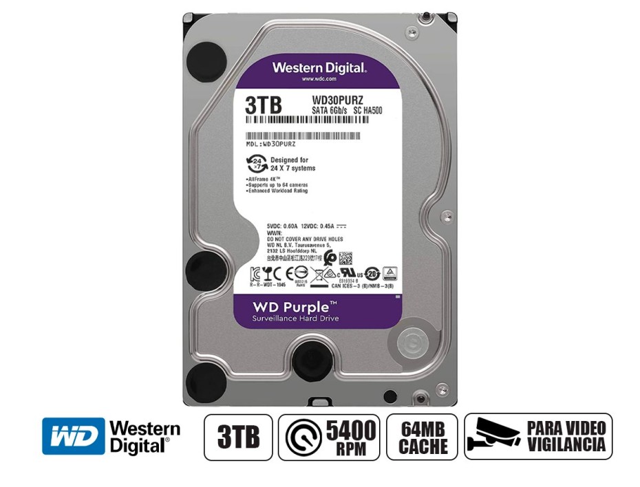DISCO DURO WESTER DIGITAL 3TB PURPURA, CACHE 64MB, VELOCIDAD DE ROTACION 5400 RPM, FORMATO DE 3.5", SATA 6, PARA VIDEO VIGILANCIA (WD30PURZ)