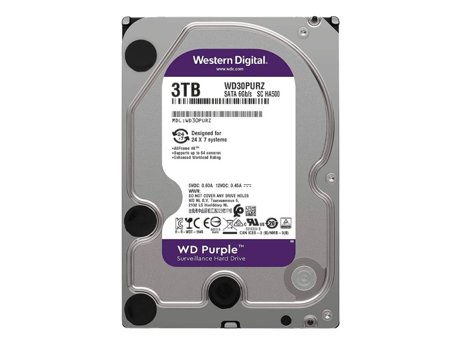 DISCO DURO WESTER DIGITAL 3TB PURPURA, CACHE 64MB, VELOCIDAD DE ROTACION 5400 RPM, FORMATO DE 3.5", SATA 6, PARA VIDEO VIGILANCIA (WD30PURZ)