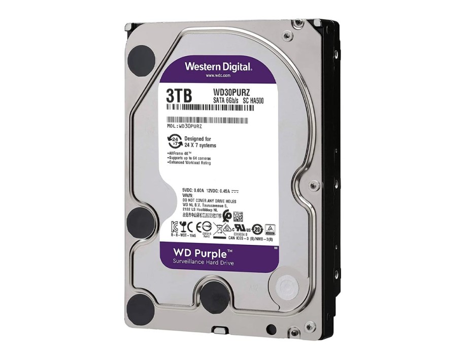 DISCO DURO WESTER DIGITAL 3TB PURPURA, CACHE 64MB, VELOCIDAD DE ROTACION 5400 RPM, FORMATO DE 3.5", SATA 6, PARA VIDEO VIGILANCIA (WD30PURZ)