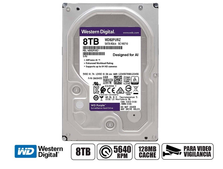 DISCO DURO WESTER DIGITAL 8TB PURPURA, CACHE 128MB, VELOCIDAD DE ROTACION 5640 RPM, FORMATO DE 3.5", SATA 6, PARA VIDEO VIGILANCIA (WD84PURZ)