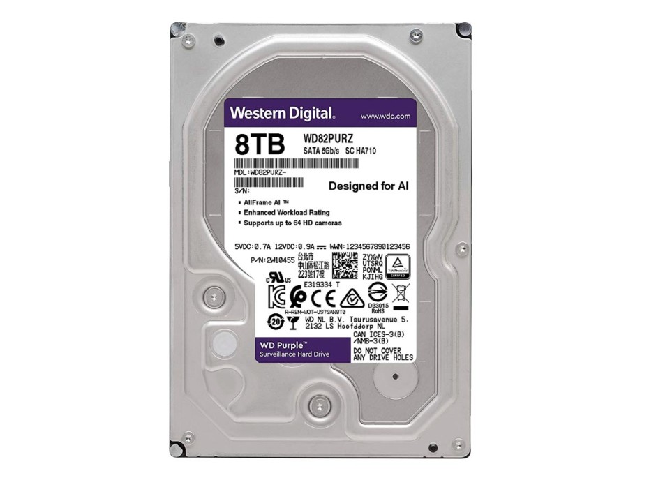 DISCO DURO WESTER DIGITAL 8TB PURPURA, CACHE 128MB, VELOCIDAD DE ROTACION 5640 RPM, FORMATO DE 3.5", SATA 6, PARA VIDEO VIGILANCIA (WD84PURZ)